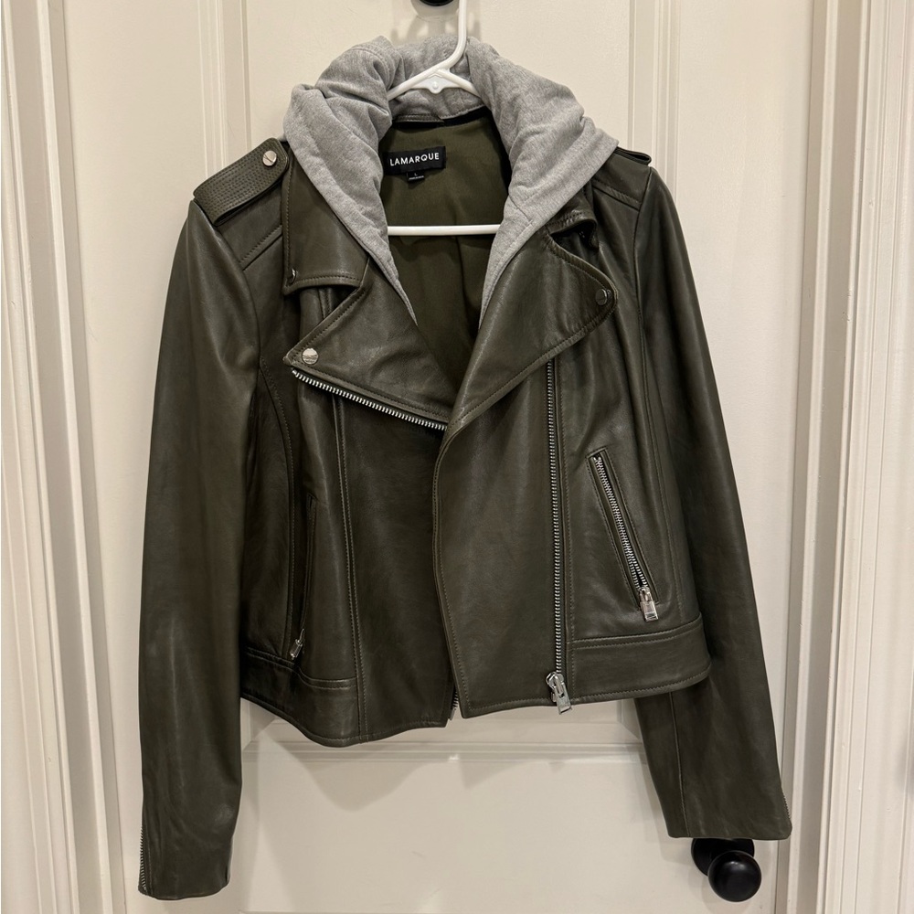 Lamarque Olive Lambskin Biker Jacket
